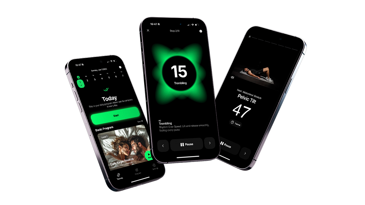 KegelUp App Interface showing pelvic floor training exercises